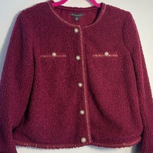Adrianna Papell Boucle Crew neck long sleeve Blazer Pearl Buttons wine berry S